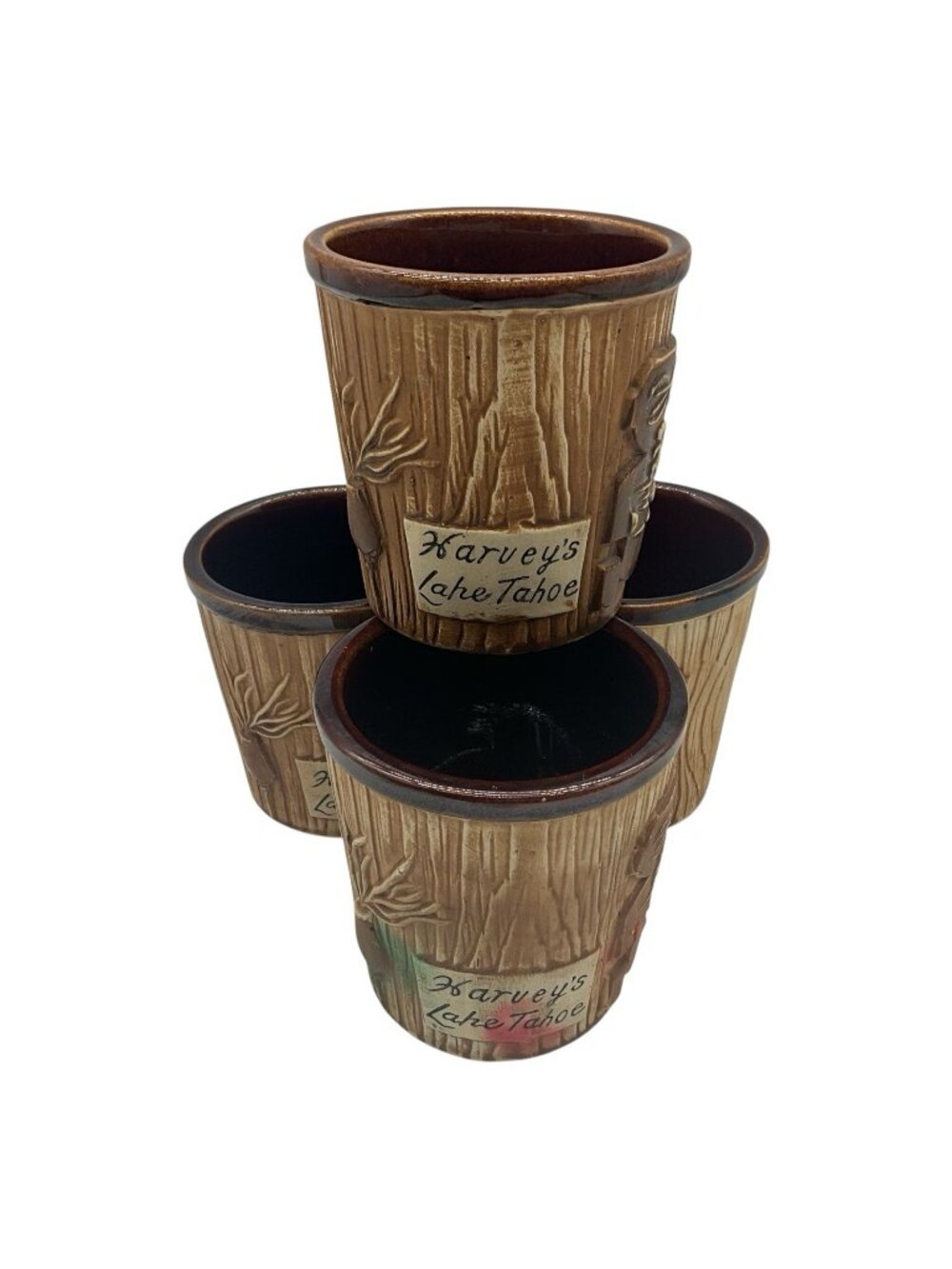 Harveys Lake Tahoe Vintage Tiki Mug Otagiri Brown Bucket Style Set of 4 Barware